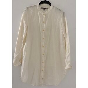 FLAX 100% Linen Mandarin Collar Button Down Tunic Top Cream Off White Size P